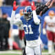 Jan 9, 2022; East Rutherford, New Jersey, USA; New York Giants defensive back Keion Crossen (31) celebrates a defensive stop against the Washington Football Team during the first half at MetLife Stadium.